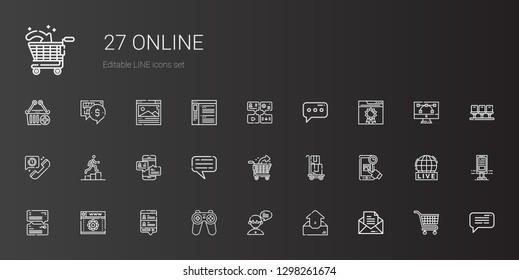 online icons set. Collection of online with message, outbox, chat, gamepad, web development, online shopping, delivery, shopping cart, promotion. Editable and scalable icons.