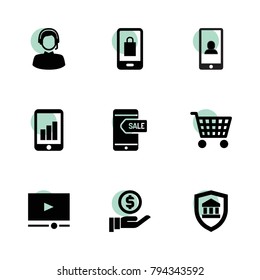 Online icons. vector collection filled online icons set.. includes symbols such as phone, money security, bank insurance, video player. use for web, mobile and ui design.