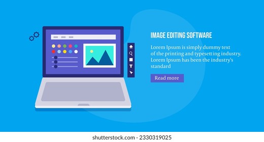 Online image editing software. Web based graphic editing application, Cloud based editing software on laptop screen - vector illustration background with icons