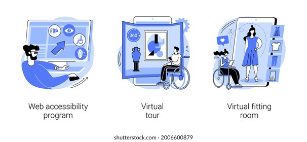 Online inclusivity abstract concept vector illustration set. Web accessibility program, virtual tour and online dressing room, websites for people with special needs, e-commerce abstract metaphor.