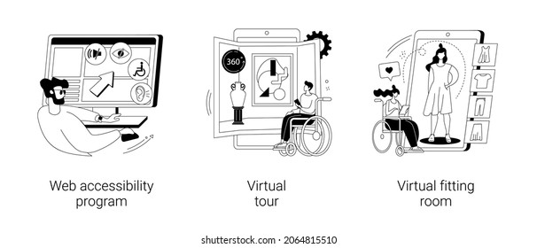 Conjunto de ilustraciones vectoriales de concepto abstracto de inclusión en línea. Programa de accesibilidad web, tour virtual y vestidor en línea, sitios web para personas con necesidades especiales, metáfora abstracta de comercio electrónico.