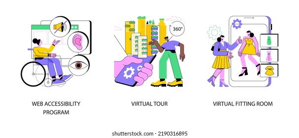 Online Inclusivity Abstract Concept Vector Illustration Set. Web Accessibility Program, Virtual Tour And Online Dressing Room, Websites For People With Special Needs, E-commerce Abstract Metaphor.