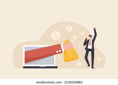 Online income. Businessman gets money from online business. Passive income to reach financial freedom, earning money concept.