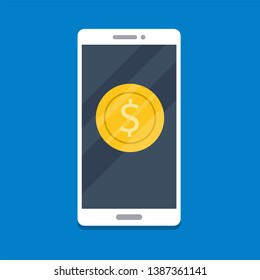 Online income, cash back, money refund concept. Vector illustration smartphone and coin.