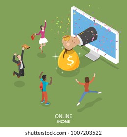 Online income flat isometric vector concept. Big hand is appeared from the monitor and giving a money bag to the rejoicing people.