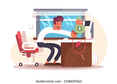 Online income from freelance vector illustration. Male hand from monitor stretches bag of money to happy man flat style concept. Electronic wallet financial success