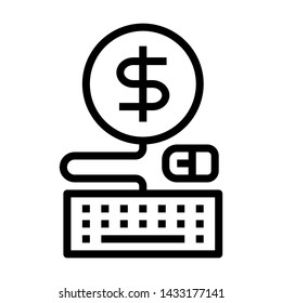 Online income icon. Money coin with mouse and keyboard computer. Banking online concept. Simple design. Line vector. Isolate on white background.