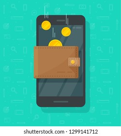 Online income money in electronic mobile phone wallet  vector, flat cartoon golden coins flying in wallet on smartphone, concept of fund savings, cash earnings, financial success, digital wealth