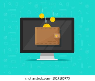 Online income money in electronic wallet vector illustration, flat cartoon golden coins flying in wallet on computer pc, concept of fund savings, cash earnings, financial success, digital wealth