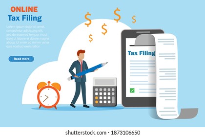 Online income tax filing, tax return and financial technology concept. Businessman report online tax on smart phone with printed document receipt.