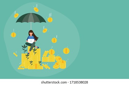 Online income, Vector illustration of Happy woman on growing stack of coins money with using laptop computer on green background, financial growth