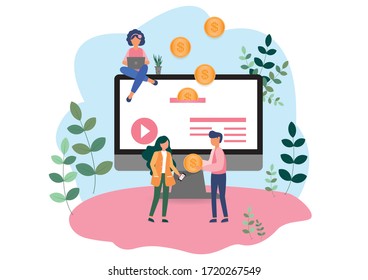 Online income, Vector illustration of Happy woman on Realistic computer monitor with using laptop computer and coins money with successful small people, Earning or making money concept