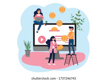 Online income, Vector illustration of Happy woman on Realistic computer monitor with using laptop computer and coins money with successful small people, Earning or making money concept