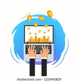 Online income, winnings, remote earning vector design concept. Money falling down in to laptop isolated illustration