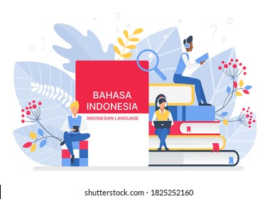 Online Indonesian language courses flat illustration. Distance education, remote school, Indonesia university. Language Internet class, e learning, Students reading books. Teaching foreign languages