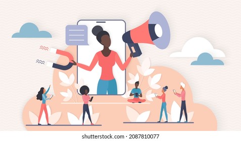 Online Influence On Customers Loyalty, Target Content Promotion. Social Media Influencer Holding Megaphone And Magnet, Advertising Message And Advice About Product To Consumer Flat Vector Illustration