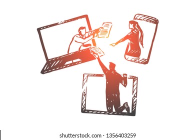 Online, information, change, connection, chatting concept. Hand drawn people chatting in internet concept sketch. Isolated vector illustration.