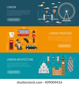 Online information on london architecture and traditions 3 flat horizontal banners set design abstract isolated vector illustration