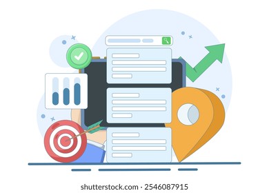 Conceito de pesquisa de informações online. Mecanismo de pesquisa na tela do dispositivo inteligente com ícone e destino do pin local. SEO Otimização de Marketing Estratégia. Ilustração de vetor plano no plano de fundo.