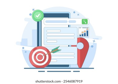 Concepto de búsqueda de información en línea. Motor de Búsqueda en la pantalla del dispositivo inteligente con el ícono de ubicación de pin local y el destino. Estrategia de marketing de optimización SEO. Ilustración vectorial plana sobre fondo.