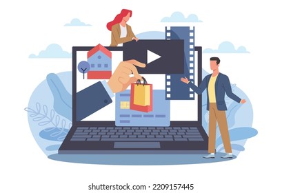 Online Infrastructure, Server Operating Capacity, Database Requirements. Huge Laptop And Tiny People, Hardware Hosting, Graphic Information On Screen. Vector Cartoon Flat Concept