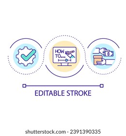 Icono de concepto de bucle de instrucciones en línea. Crear un tutorial de Internet para los clientes. Ilustración de línea delgada de idea abstracta de promoción de productos. Dibujo de contorno aislado. Trazo editable