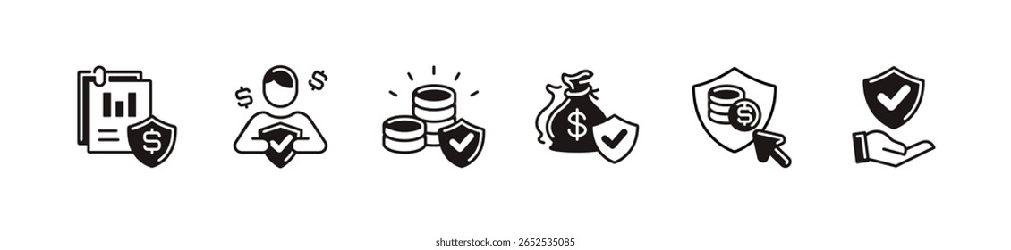 ícone de proteção de vida de negócio de seguro online definir seguro financeiro escudo dinheiro serviço de acidente política de financiamento compensação guarda sinais vetor ilustração