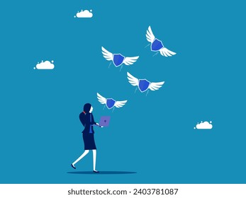 Online insurance. Businesswoman launches flying shield with laptop. Vector 