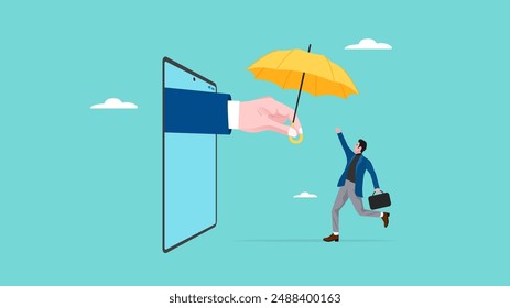 online insurance, buy insurance online on the internet, happy man receives umbrella from big businessman hand which comes out via smart phone