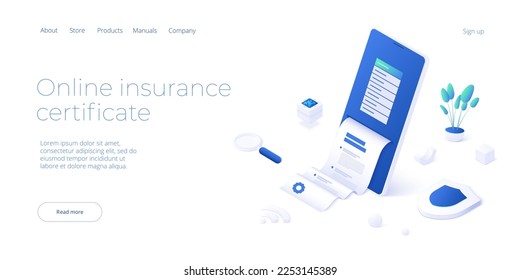 Online insurance certificate service in isometric vector design. Car or health and life safety document print with smartphone. Website layout or web banner template