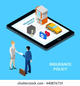 Online Insurance Concept Services - House, Car, Medical, Money. Isometric People