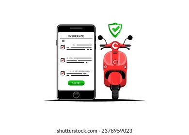 Online insurance protects motorcyclists, Insurance information on smartphone with motorcycle on isolated background, Vector illustration.