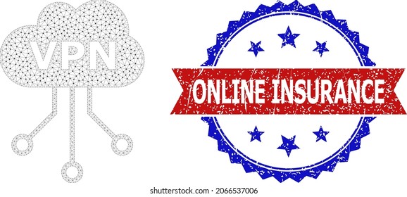 Online Insurance Scratched Seal, And VPN Cloud Icon Triangular Structure. Red And Blue Bicolor Stamp Seal Includes Online Insurance Title Inside Ribbon And Rosette. Abstract Flat Mesh VPN Cloud,