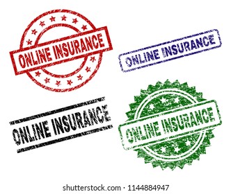 ONLINE INSURANCE seal prints with distress texture. Black, green,red,blue vector rubber prints of ONLINE INSURANCE title with dust surface. Rubber seals with round, rectangle, rosette shapes.