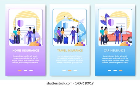 Online Insurance Support Service. Mobile Landing Page Set. Professional Home, Car Protection and Safe Travel for Family. Cartoon Insurer Gives Consultation to People. Vector Editable Text Illustration