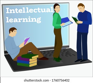 Online intellectual learning. A computer with students, who read books. Vector illustration.