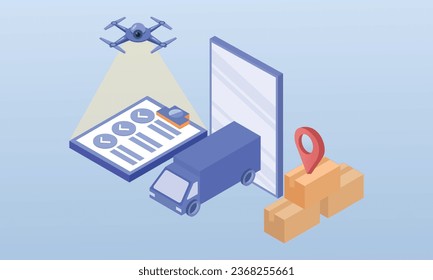 online intelligent logistics delivery truck and delivery tracking status on smartphone screen.on blue background.3D design.isometric vector design Illustration.