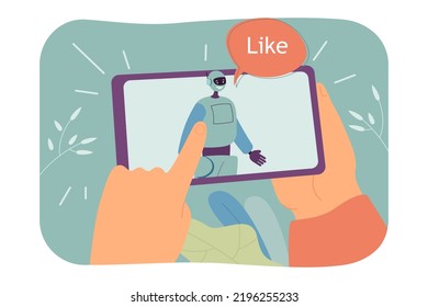Online interaction between chatbot and customer. Finger of person touching robot and bubble with like text on screen flat vector illustration. AI concept for banner, website design or landing web