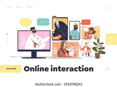Concepto de interacción en línea de página de inicio con personas de negocios y familias que se reúnen a través de videollamadas. La gente habla y llama con smartphones y laptops. Ilustración vectorial plana
