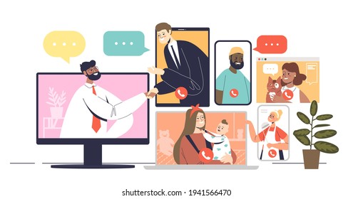Online interaction and video conference set with cartoon characters talking via web calls. Business meeting and family gathering online with video chats concept. Flat vector illustration
