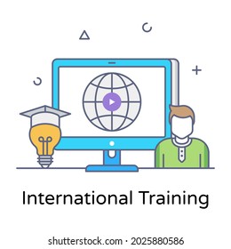 Icono de concepto de línea plana de formación internacional en línea en línea