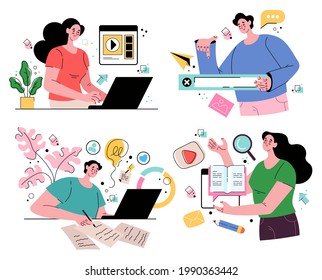 Online internet activity business education researching information. Abstract people man woman characters set. Modern style flat cartoon graphic illustration