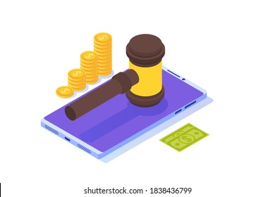 Online Internet Auction, International Trade Isometric Concept. Vector Illustration