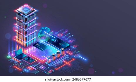 Online internet bank concept. Online internet bank digital infrastructure. Internet banking isometric concept. Phone, card, icons of services next to bank building. Internet mobile digital bank.