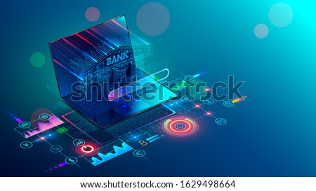 Online Internet banking 3d isometric banner. A Bank building with columns consisting of a digits matrix is shown on a laptop screen. Financial services available through the website on mobile devices.