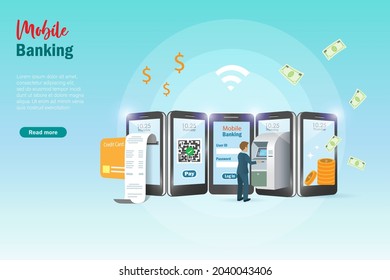 Online internet banking application on smart phone, mobile banking and e payment. People log in app withdraw money on ATM, QR code payment and doing financial transaction on smartphone screen.