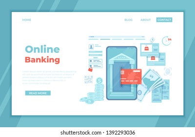 Online Internet Banking. Payment for purchases via smartphone. Fast easy securely mobile banking. Credit card transaction, financial application. Phone, money, login. landing page template or banner.