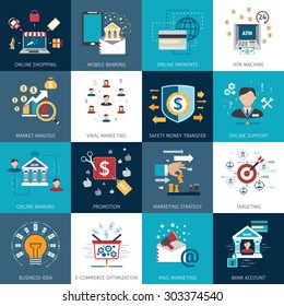 Online internet banking secure payments options with commercial market analysis flat icons set abstract isolated vector illustration