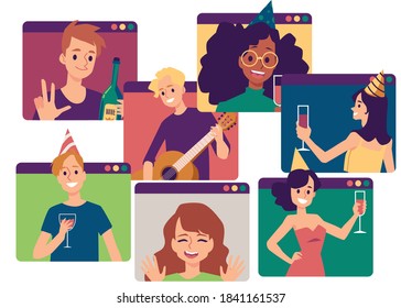 Online internet birthday, meeting with friends or video conference. Virtual party for people living in different countries, cities or during quarantine. Flat vector illustration.