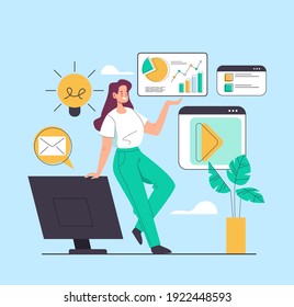 El desarrollo de actividades de negocios en internet de creación de ideas inspiró la imaginación de un nuevo concepto de presentación de proyectos. Ilustración de diseño gráfico plano de dibujos animados